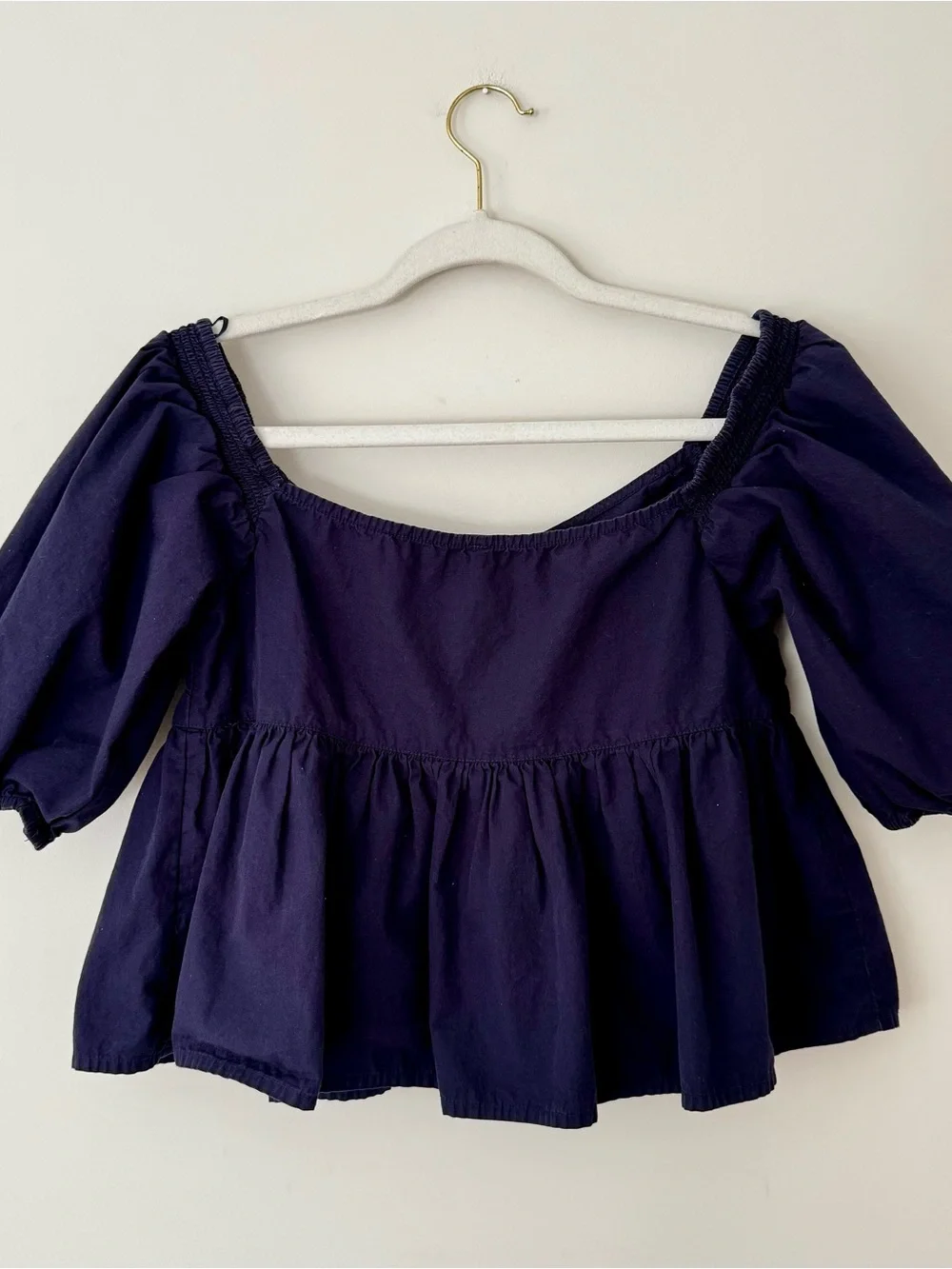 Free People Veronica Sweetheart Puff Sleeve 100% Cotton Peplum Top, Navy – XS